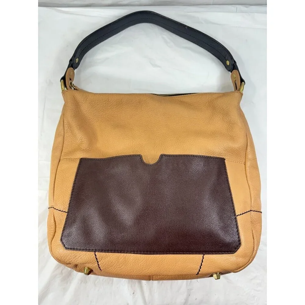 Oryany Adele Colorblock Tan & Brown Pebbled Leather Hobo Shoulder Handbag